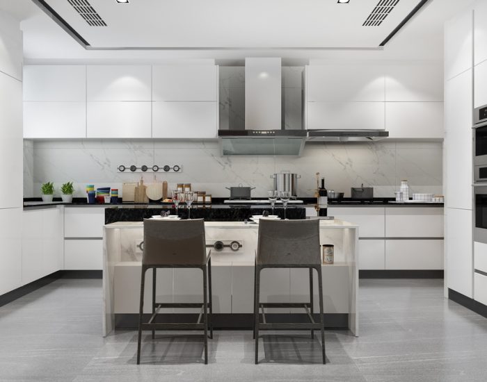 3d rendering white minimal kitchen with wood decoration